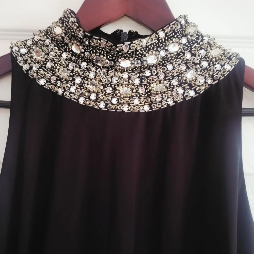 SLNY Formal Dress| Black SLNY Sleeveless Dress with Sparkling Collar